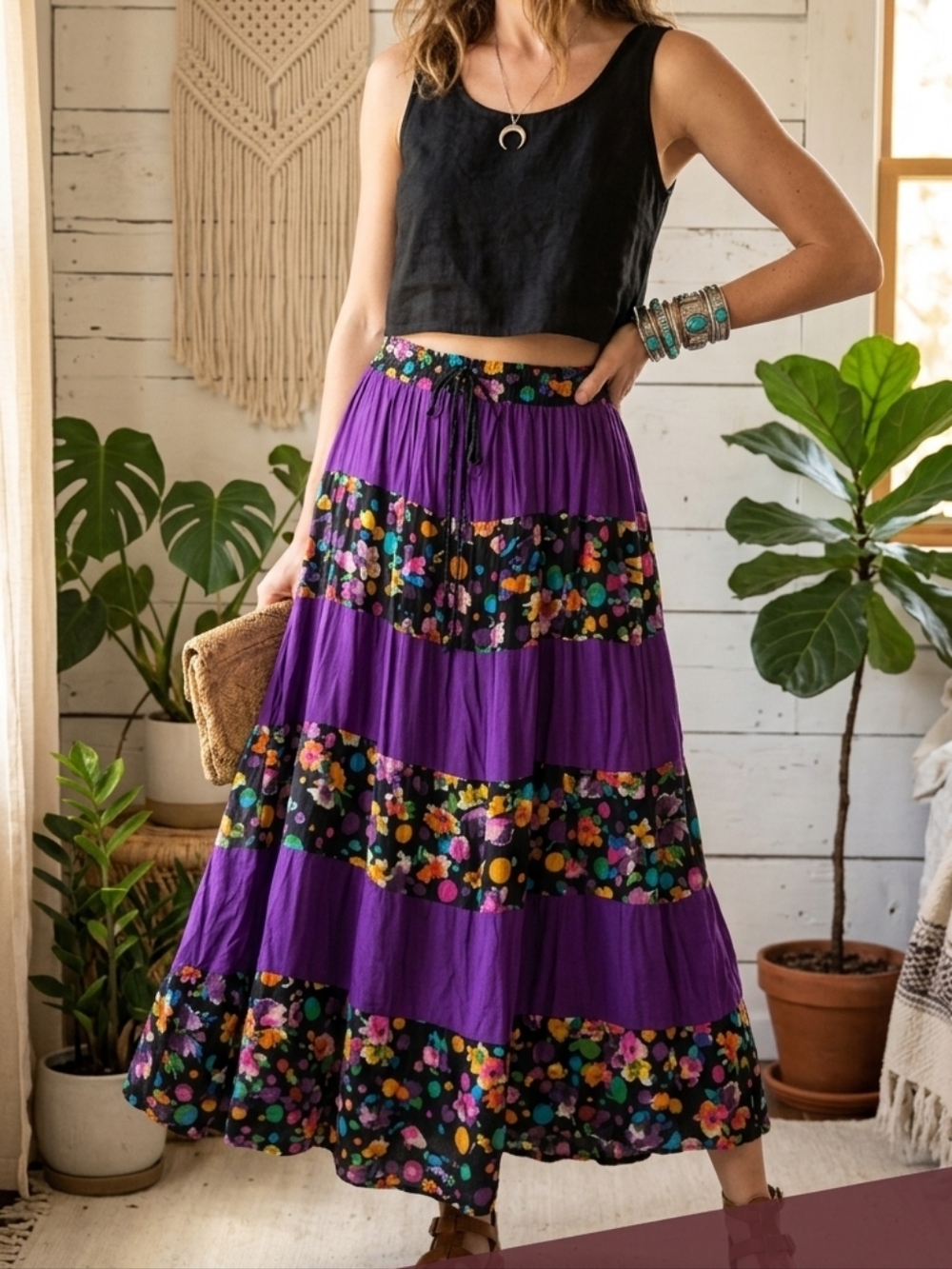 VTG Simonia Purple Floral Tiered Maxi Skirt Boho Broomstick Rayon India